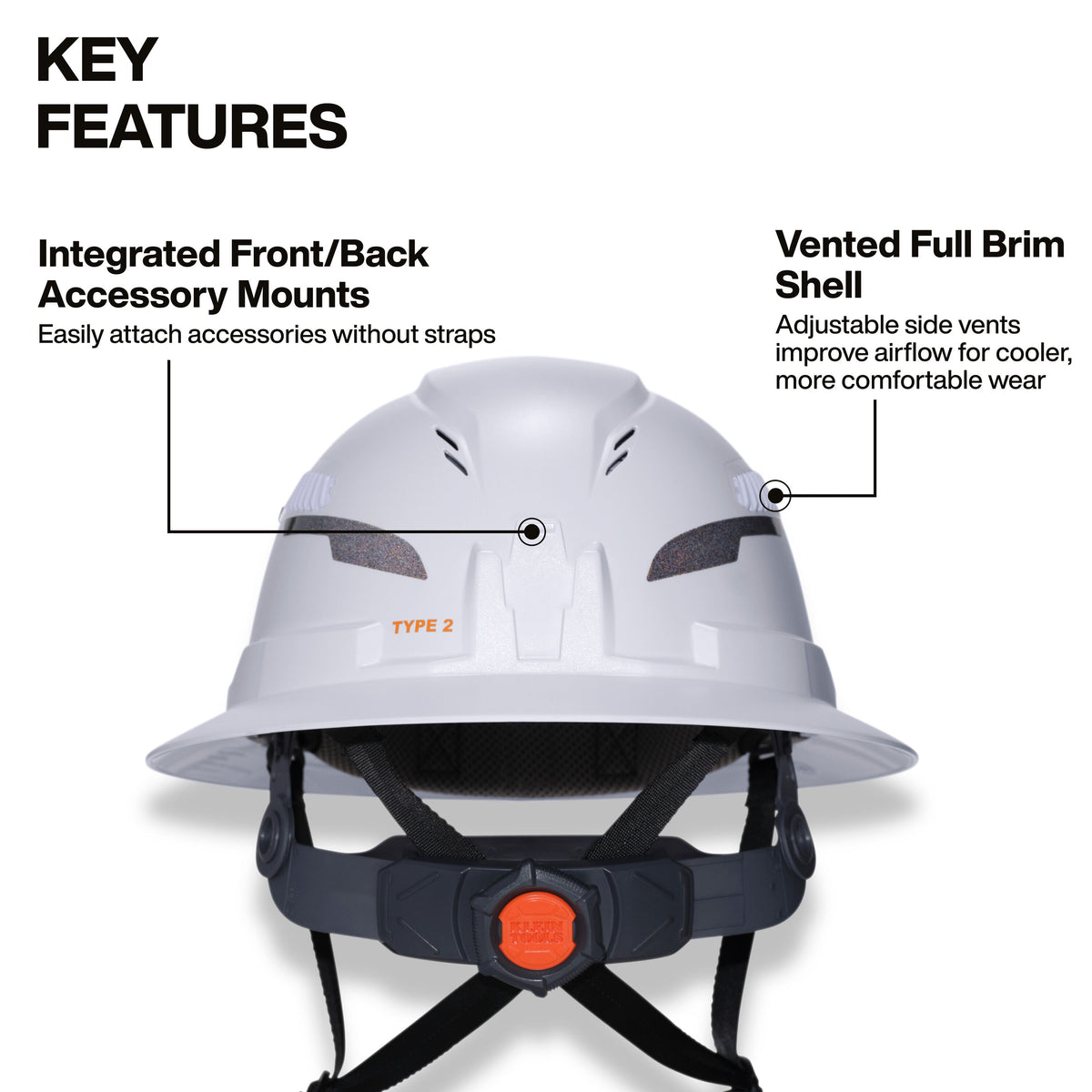 Klein Tools Class C Type-2 Hard Hat, Vented Full Brim with Strap, Gray (60864T2) 6-point ratchet suspension with pivot