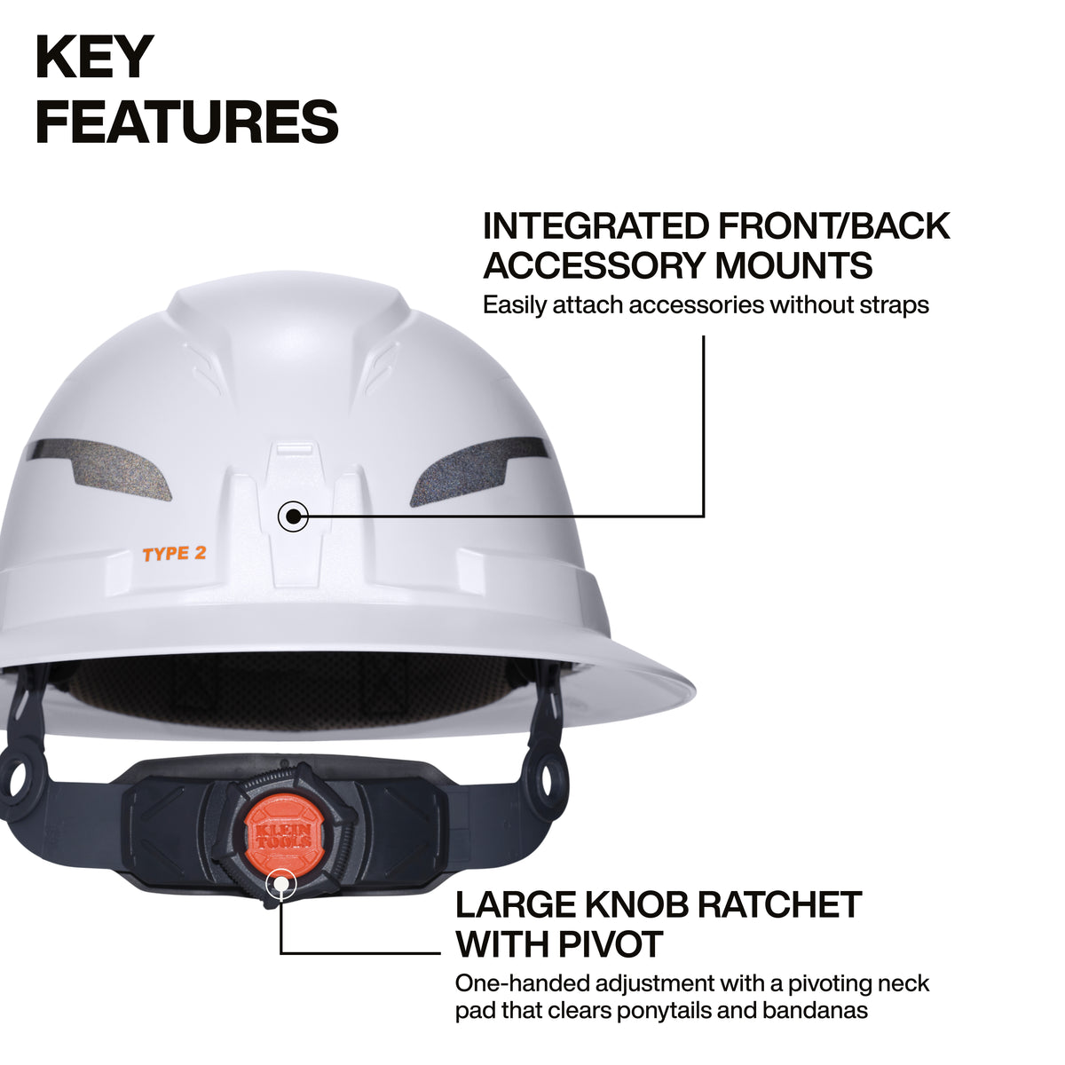 Klein Type 2 hard hat with headlamp feature callout