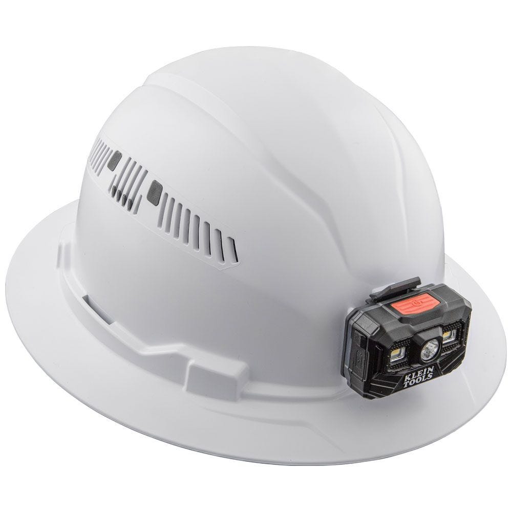 Klein 60407RL Hard Hat, Vented, Full Brim with Rechargeable Headlamp, White
