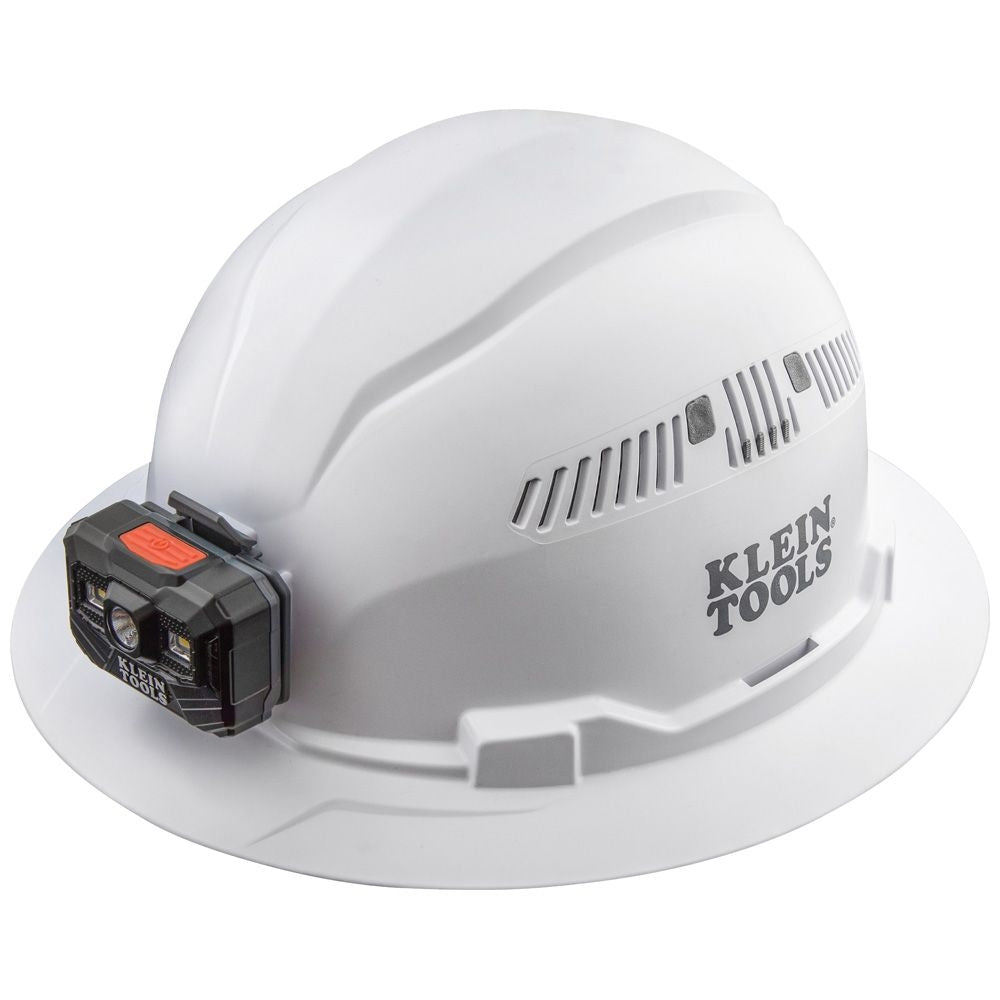 Klein 60407RL Hard Hat, Vented, Full Brim with Rechargeable Headlamp, White