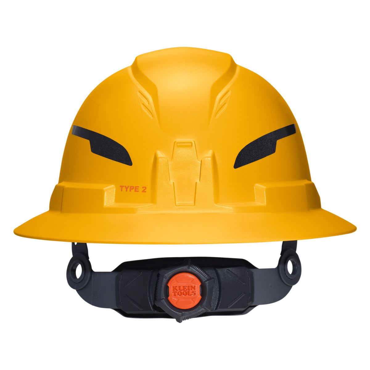 Klein Tools Class E Type-2 Hard Hat, Non-Vented Full Brim Style with Strap, Yellow (60489T2) front angle view of the shell and brim