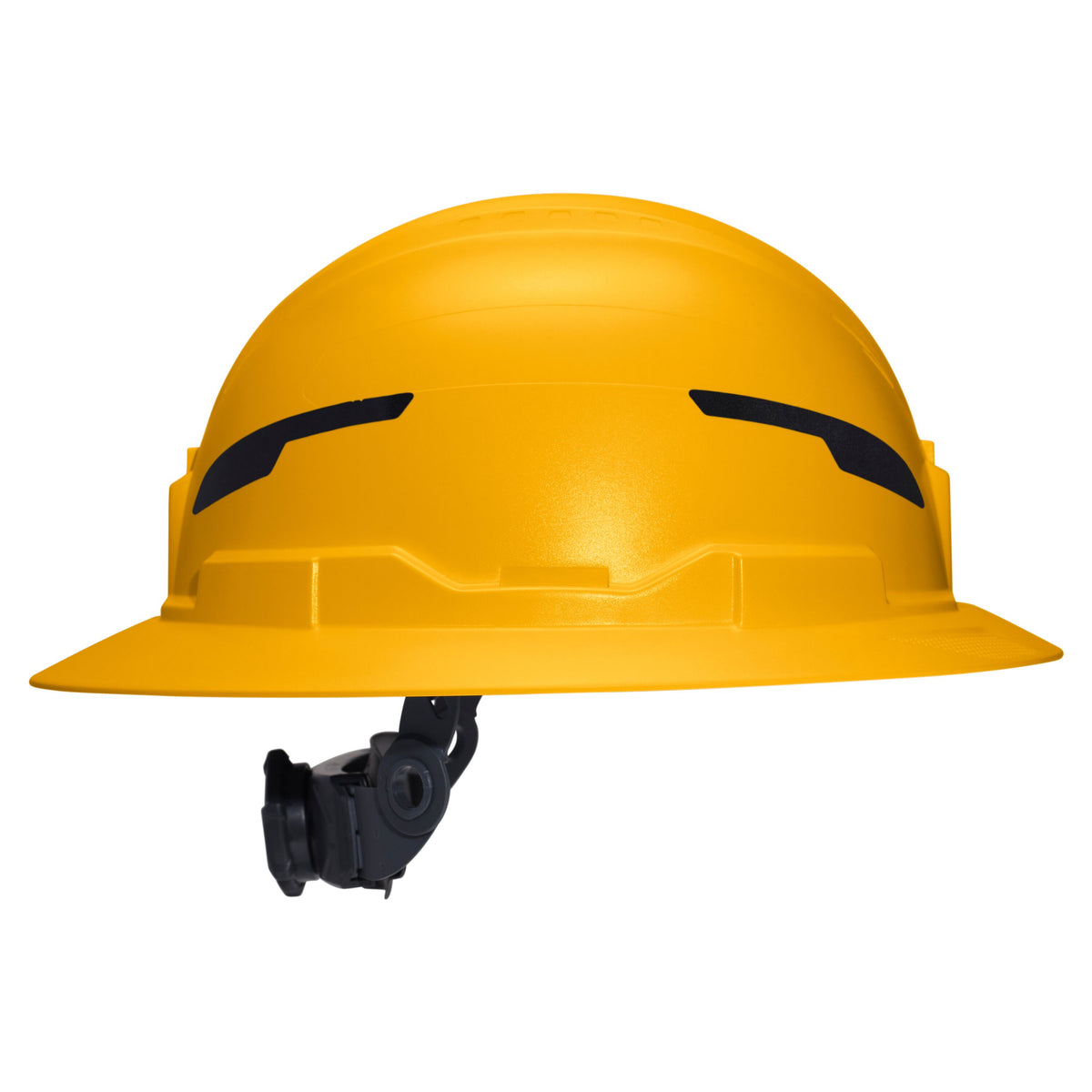 Klein Tools Class E Type-2 Hard Hat, Non-Vented Full Brim Style with Strap, Yellow (60489T2) side view showing accessory slots and suspension