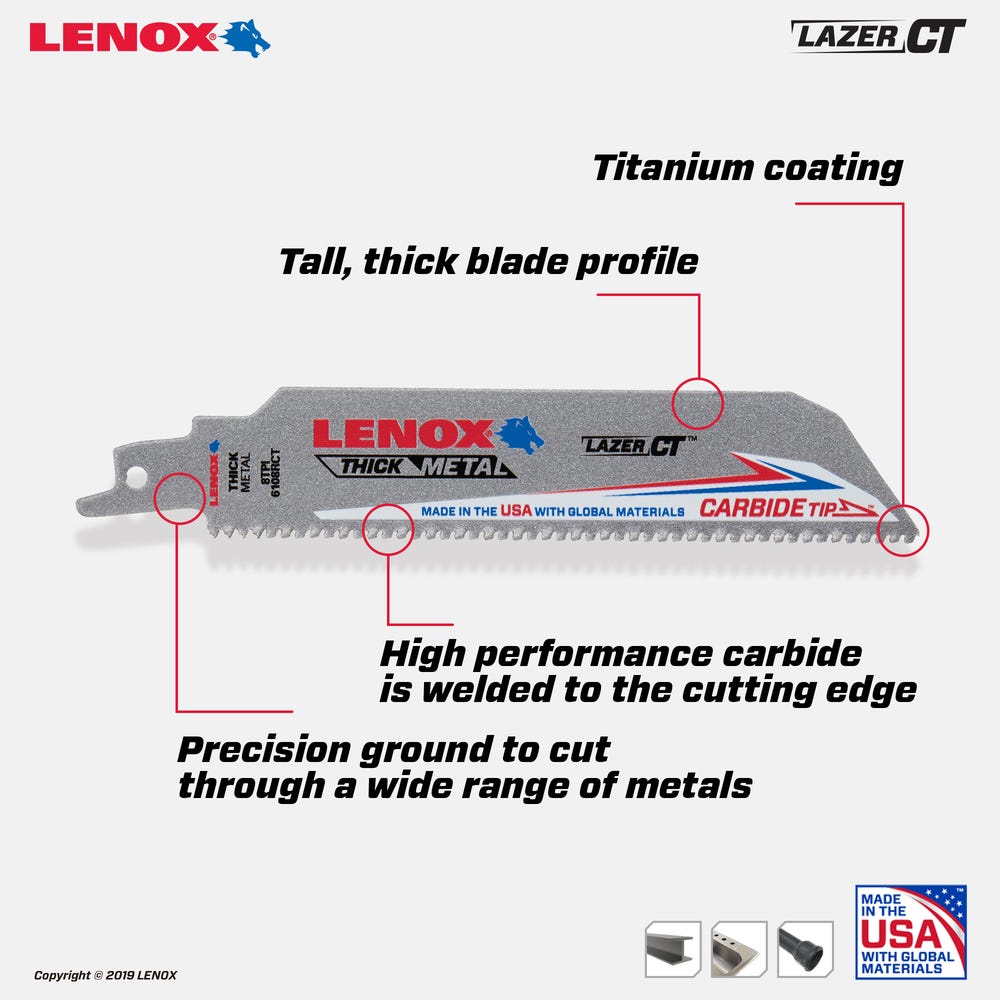 Lenox 2014223 8TPI Lazer CT 6-in. Reciprocating Saw Blade, 5-Pack