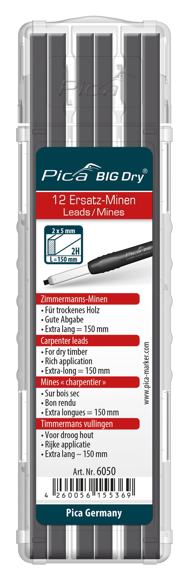 Pica BIG-Dry 6050 Carpenter Leads, 2H (12-Pack)