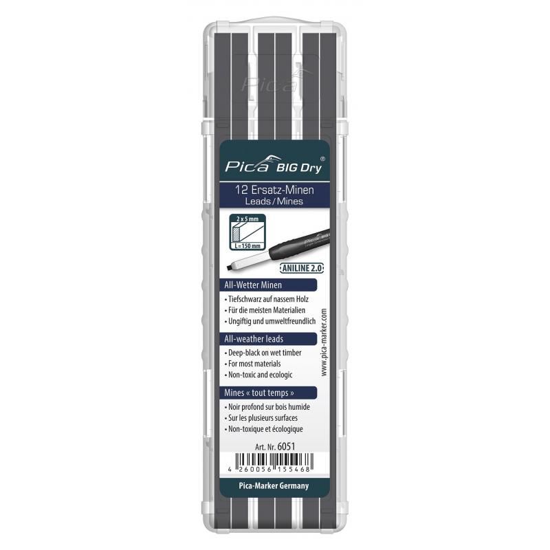 Pica 6051 BIG Dry Aniline 2.0 All-Weather Lead Refill, Black (12-Pack)