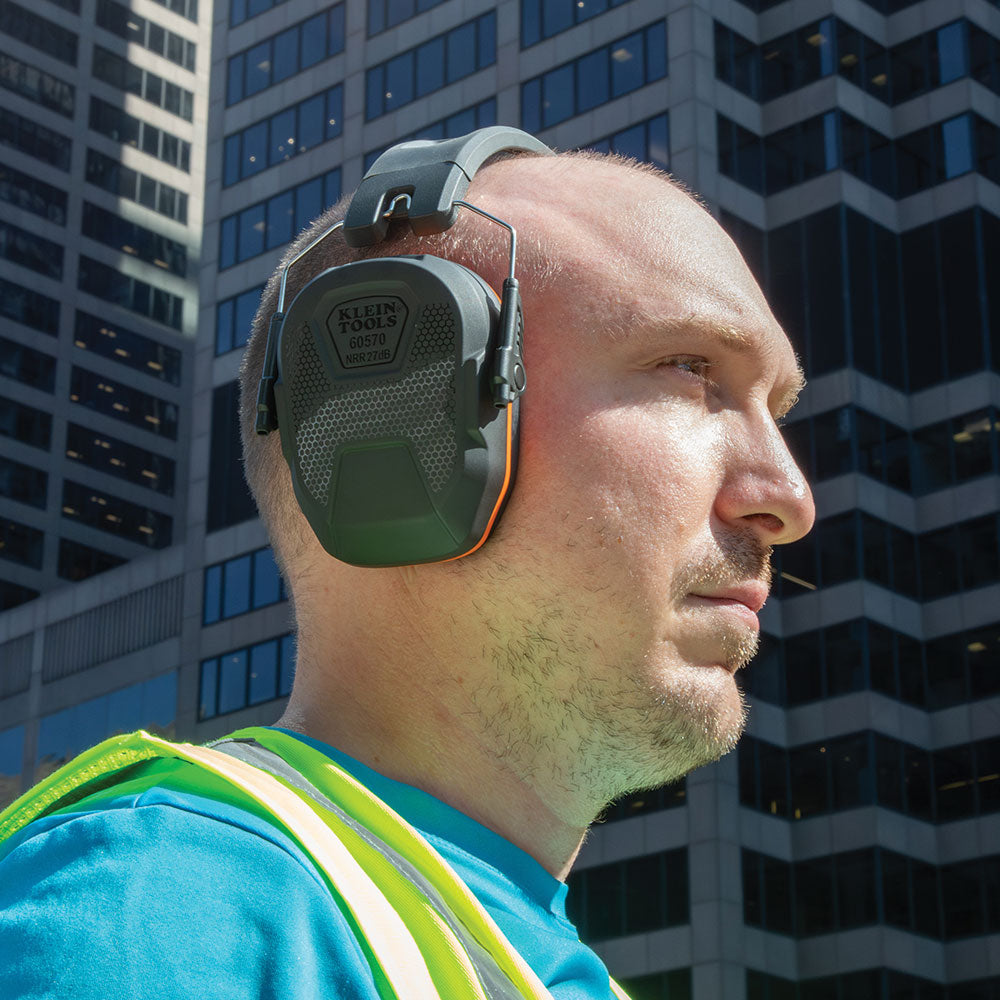 Klein slim ear muffs worn on a jobsite