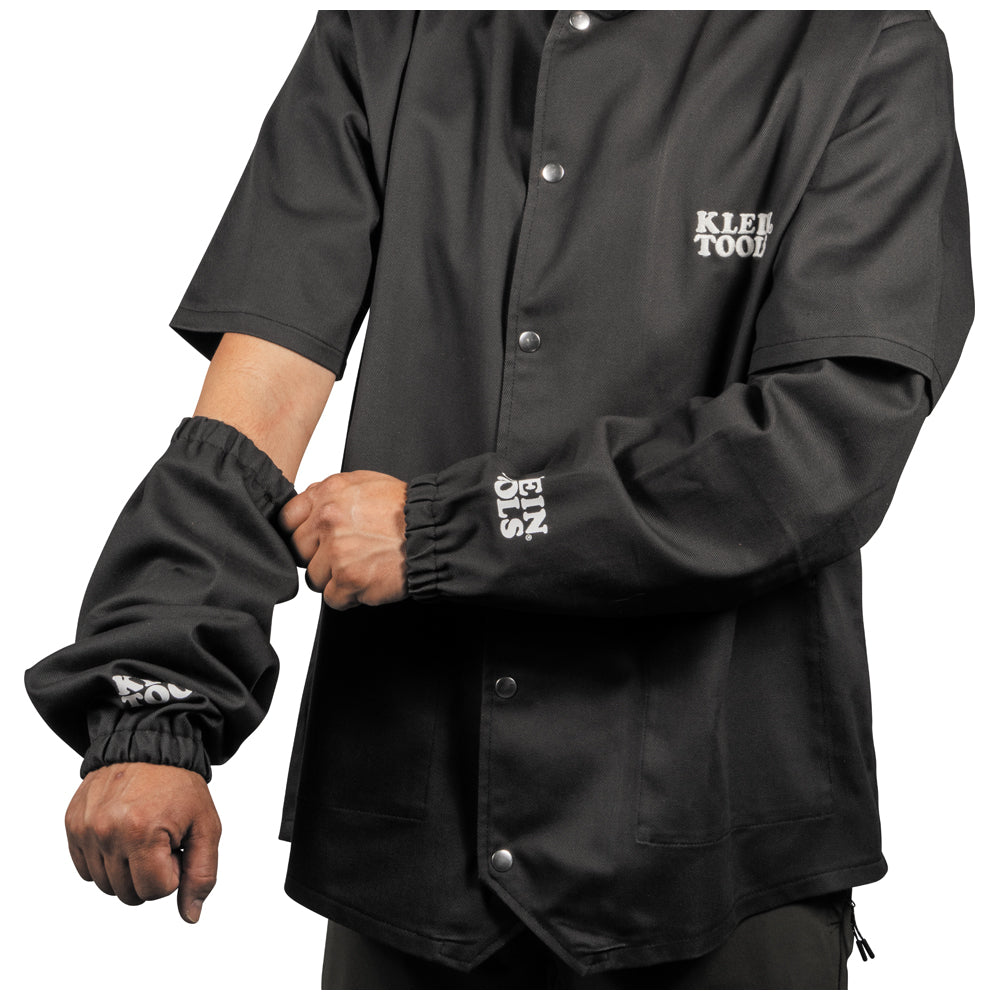 Klein flame-resistant welding jacket with welding sleeves attached