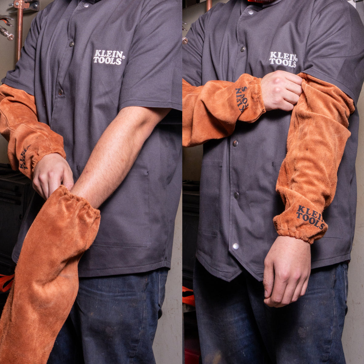 Klein leather welding sleeves worn while welding
