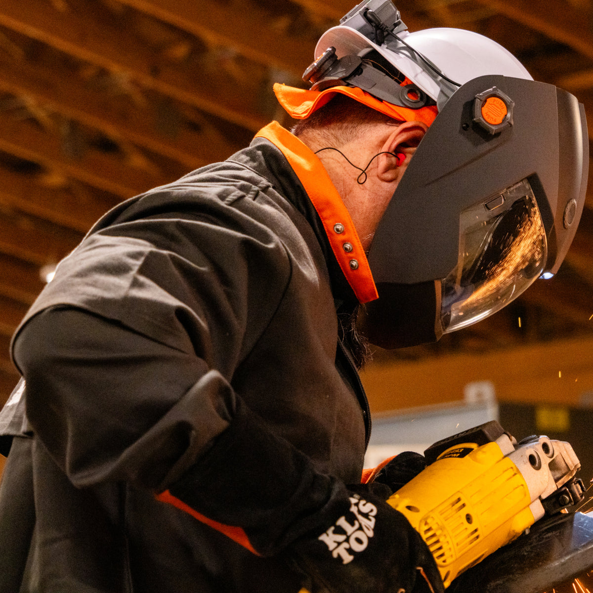 Klein flame-resistant cotton welding sleeves worn while welding