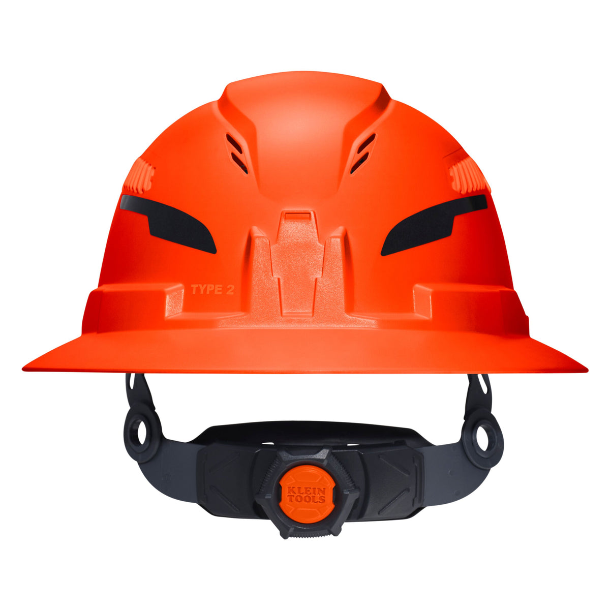 Klein Tools Class C Type-2 Hard Hat, Vented Full Brim with Strap, Orange (60861T2) front angle view of the shell and brim