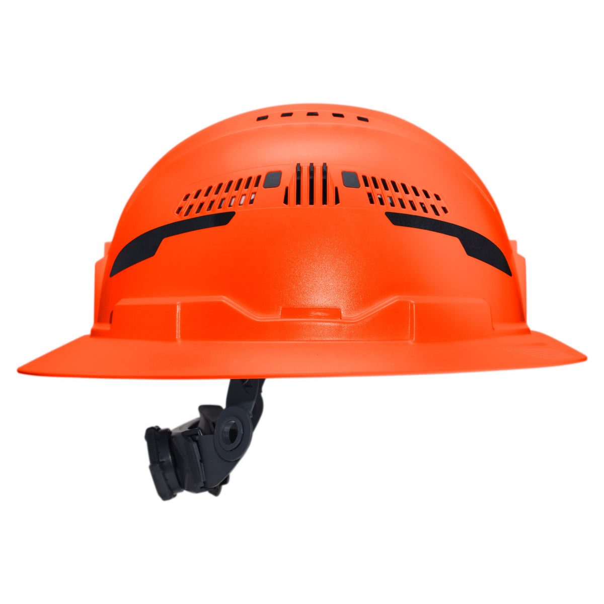 Klein Tools Class C Type-2 Hard Hat, Vented Full Brim with Strap, Orange (60861T2) side view showing accessory slots and suspension