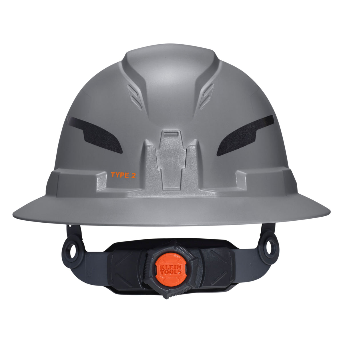 Klein Tools Class E Type-2 Hard Hat, Non-Vented Full Brim Style with Strap, Gray (60863T2) front angle view of the shell and brim