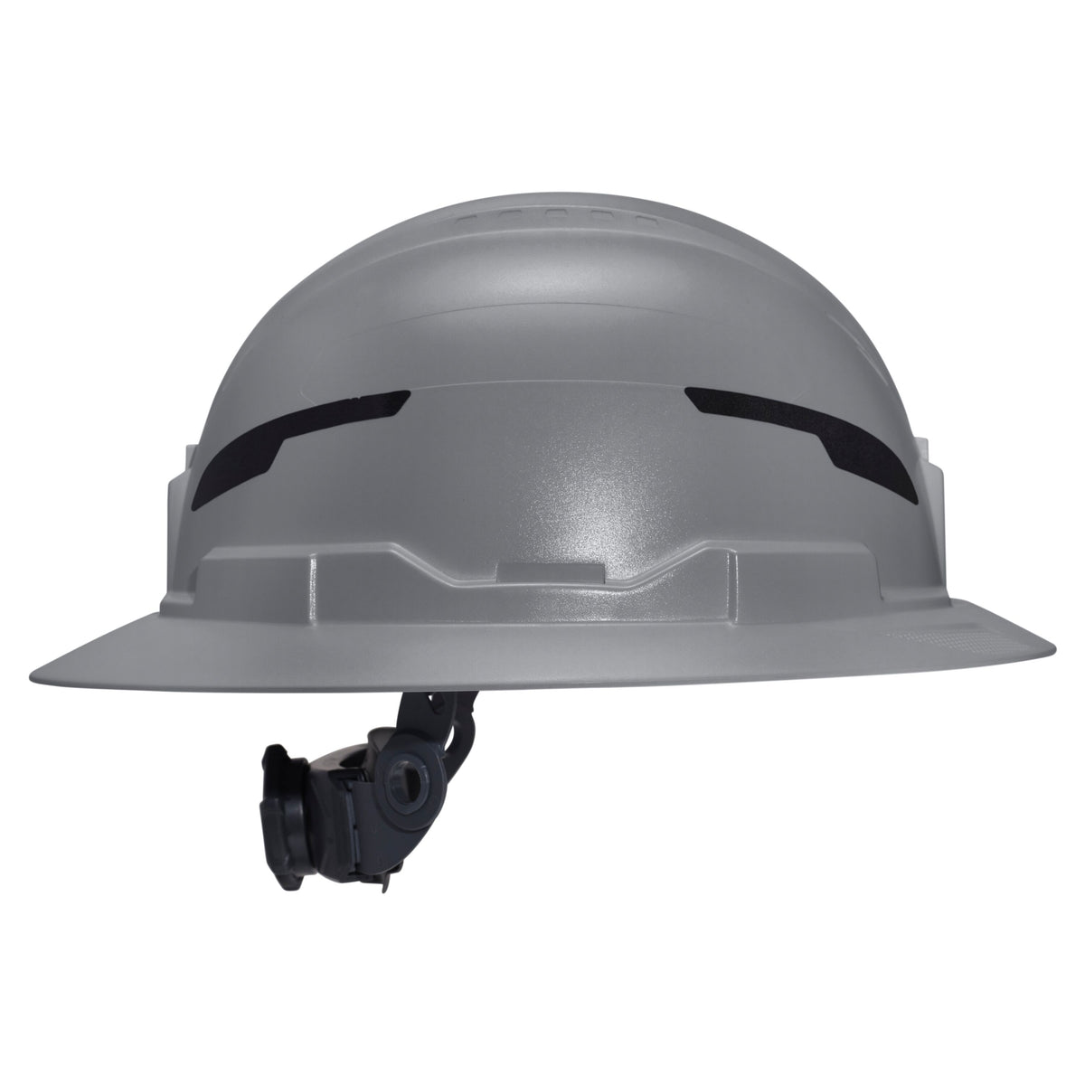 Klein Tools Class E Type-2 Hard Hat, Non-Vented Full Brim Style with Strap, Gray (60863T2) side view showing accessory slots and suspension