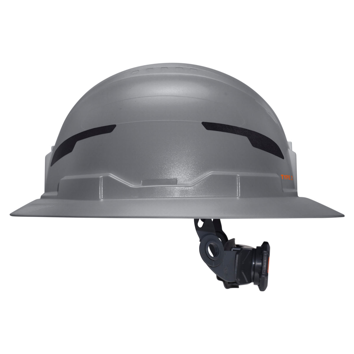 Klein Tools Class E Type-2 Hard Hat, Non-Vented Full Brim Style with Strap, Gray (60863T2) rear view with ratchet suspension adjustment