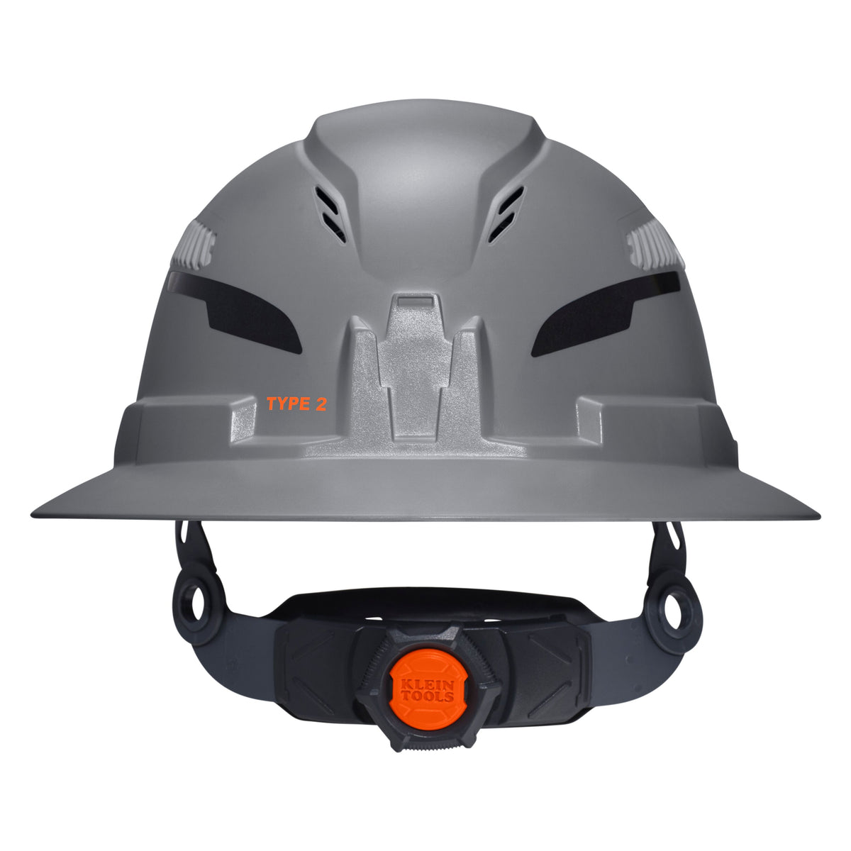 Klein Tools Class C Type-2 Hard Hat, Vented Full Brim with Strap, Gray (60864T2) front angle view of the shell and brim