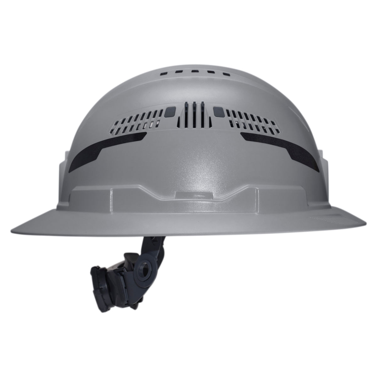 Klein Tools Class C Type-2 Hard Hat, Vented Full Brim with Strap, Gray (60864T2) side view showing accessory slots and suspension