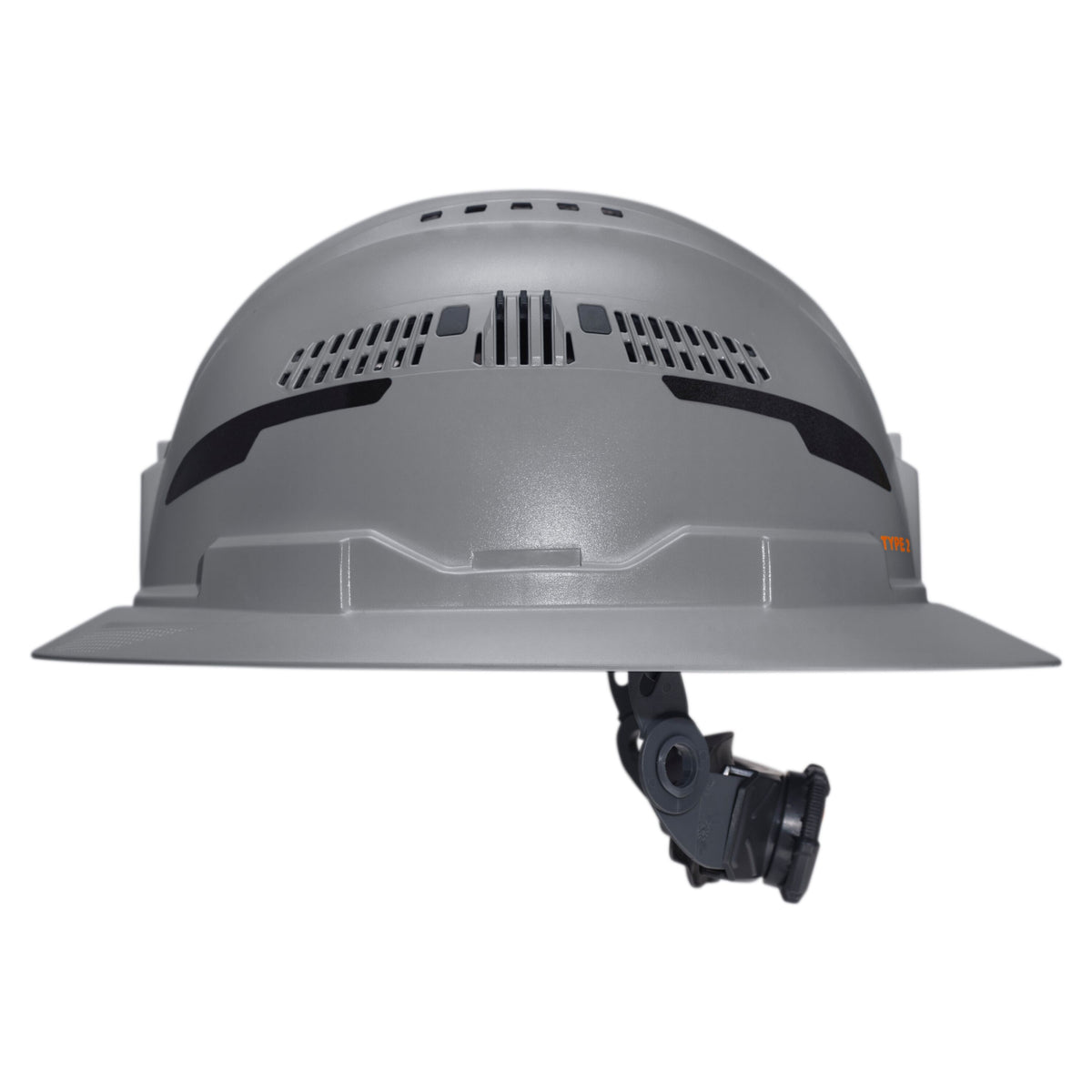 Klein Tools Class C Type-2 Hard Hat, Vented Full Brim with Strap, Gray (60864T2) rear view with ratchet suspension adjustment