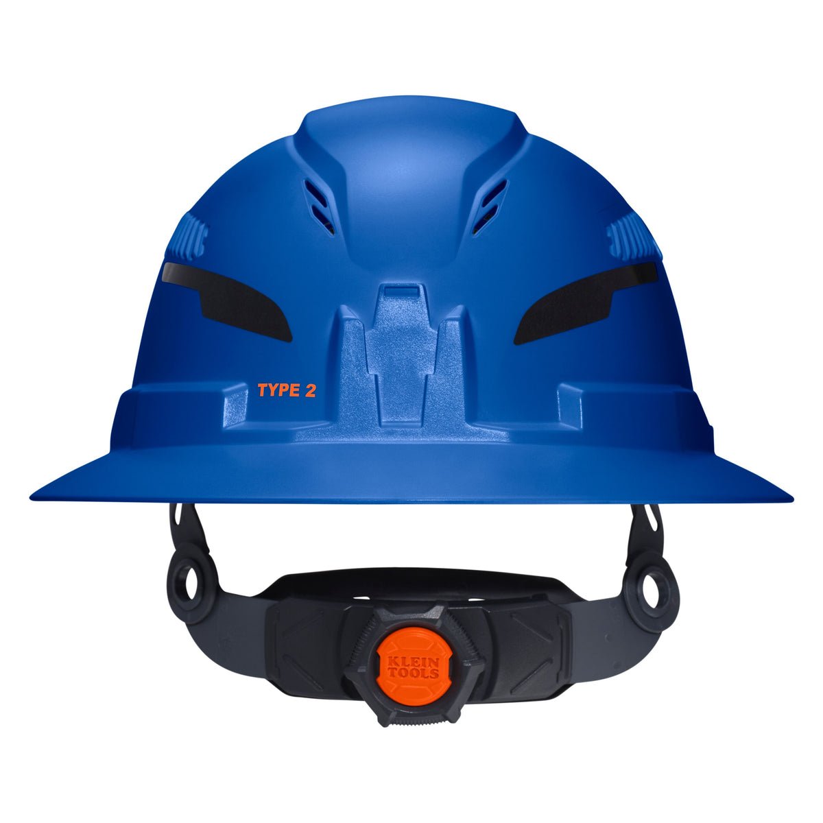 Klein Tools Class C Type-2 Hard Hat, Vented Full Brim with Strap, Blue (60871T2) front angle view of the shell and brim