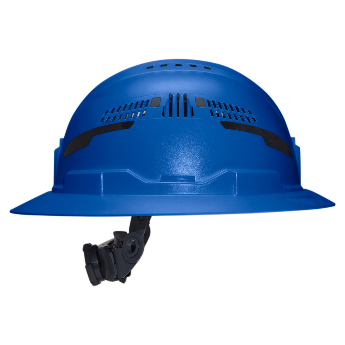 Klein Tools Class C Type-2 Hard Hat, Vented Full Brim with Strap, Blue (60871T2) side view showing accessory slots and suspension