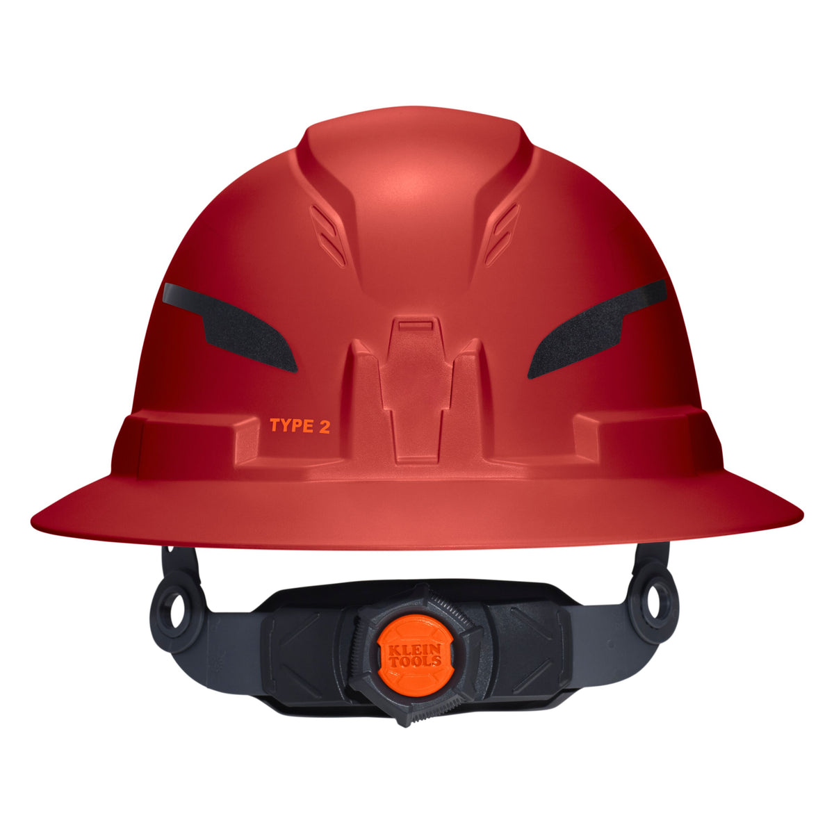Klein Tools Class E Type-2 Hard Hat, Non-Vented Full Brim Style with Strap, Red (60920T2) front angle view of the shell and brim