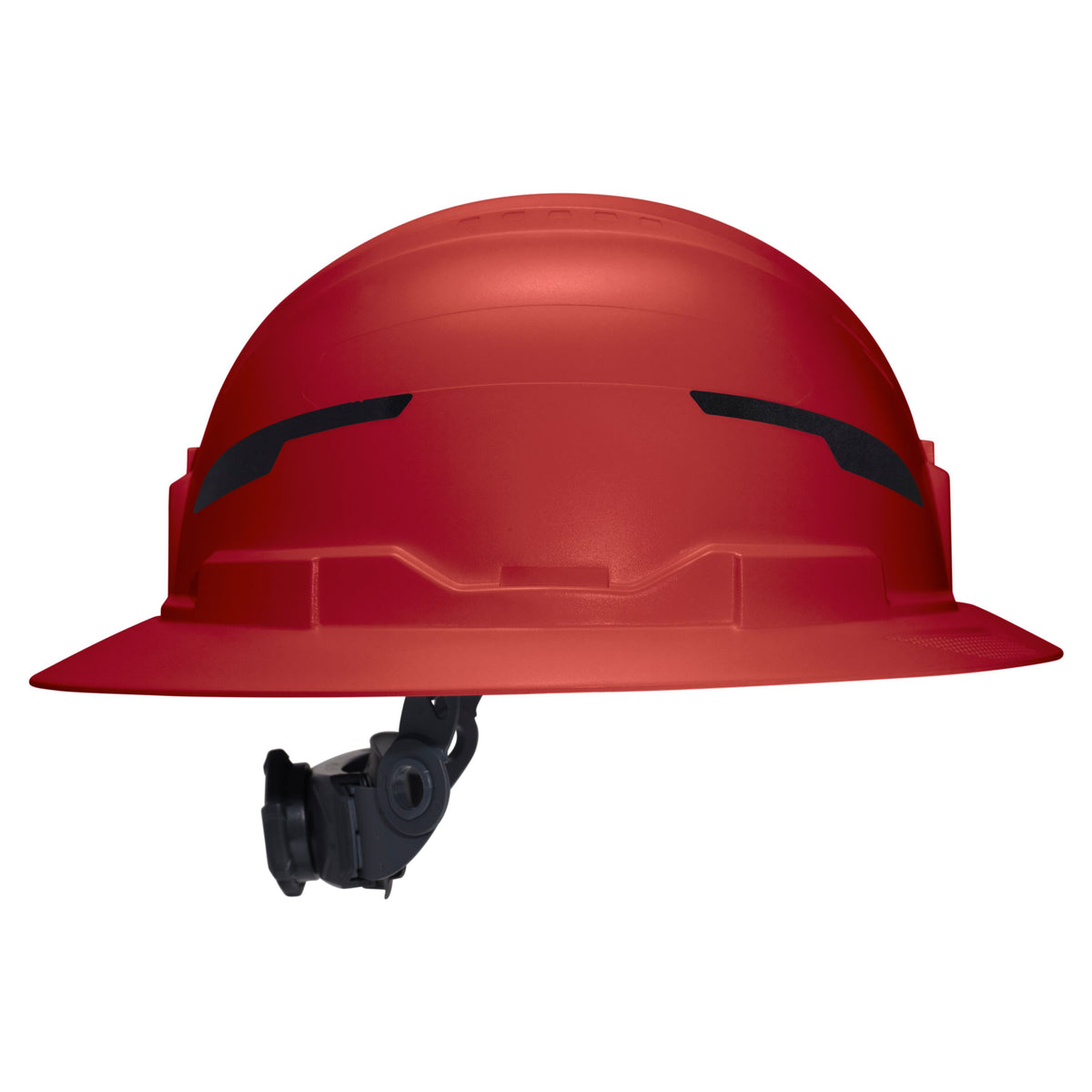 Klein Tools Class E Type-2 Hard Hat, Non-Vented Full Brim Style with Strap, Red (60920T2) side view showing accessory slots and suspension