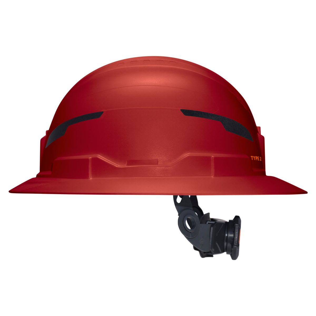 Klein Tools Class E Type-2 Hard Hat, Non-Vented Full Brim Style with Strap, Red (60920T2) rear view with ratchet suspension adjustment
