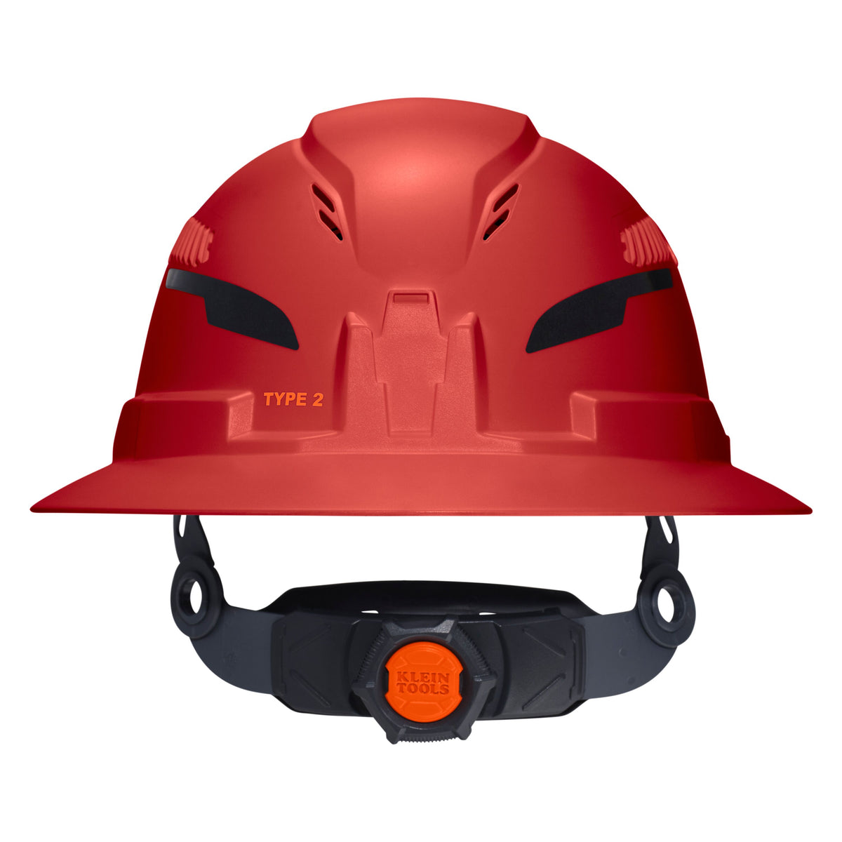 Klein Tools Class C Type-2 Hard Hat, Vented Full Brim with Strap, Red (60921T2) front angle view of the shell and brim