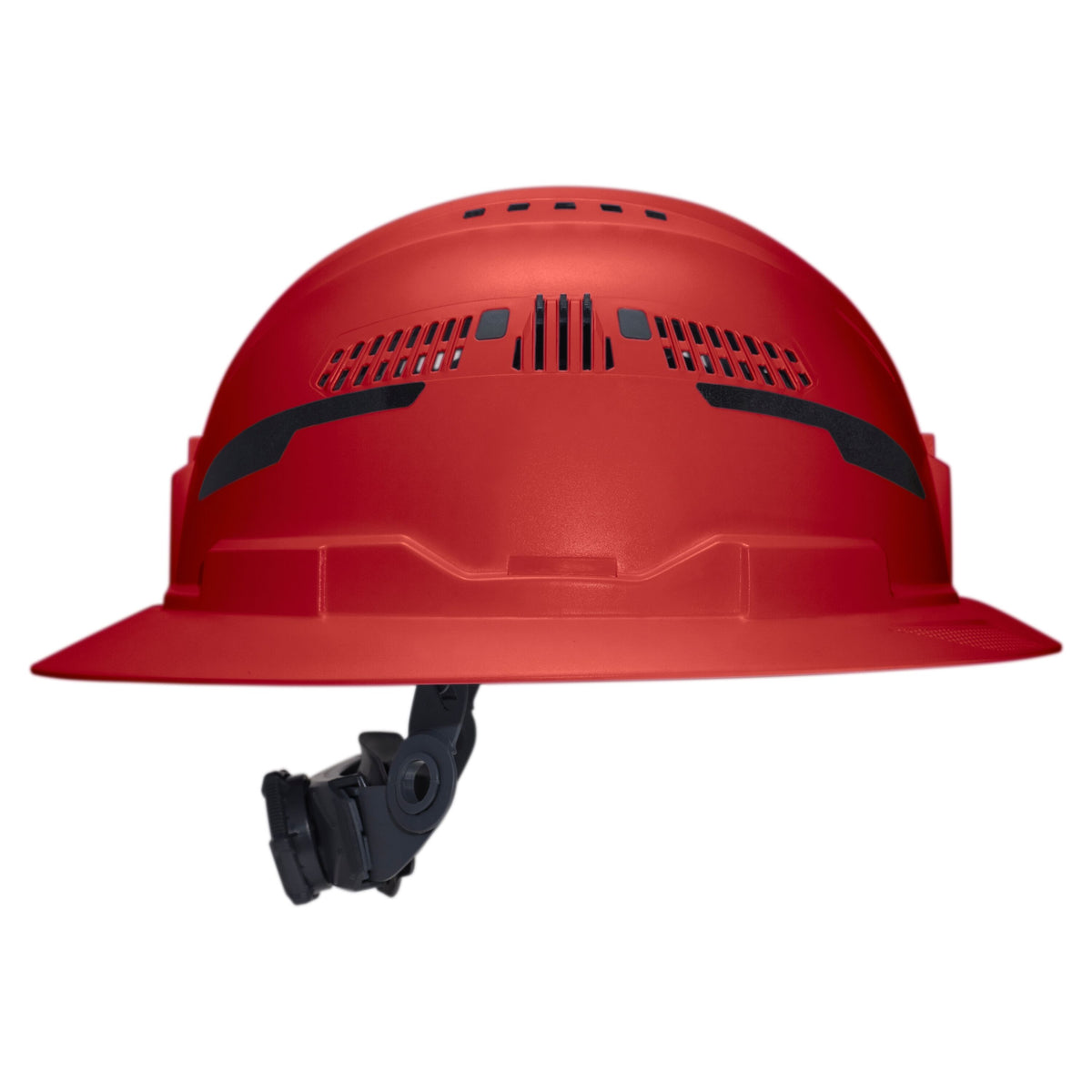 Klein Tools Class C Type-2 Hard Hat, Vented Full Brim with Strap, Red (60921T2) side view showing accessory slots and suspension