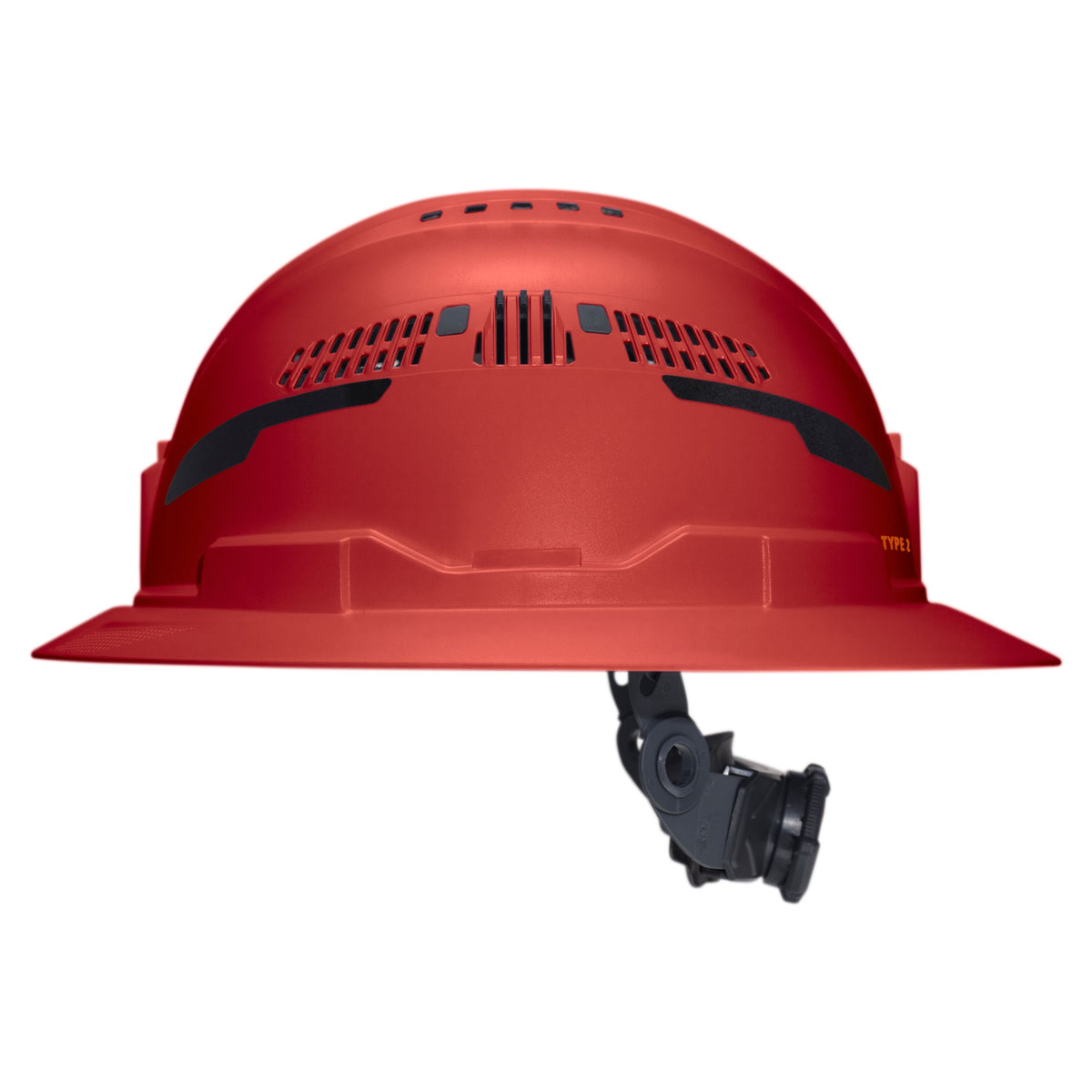 Klein Tools Class C Type-2 Hard Hat, Vented Full Brim with Strap, Red (60921T2) rear view with ratchet suspension adjustment