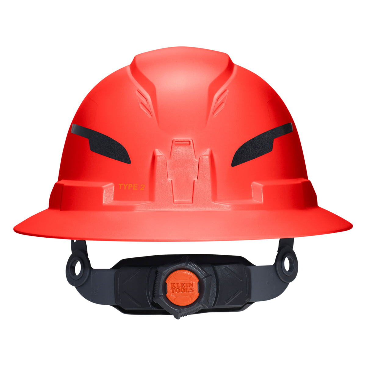 Klein Tools 60930T2 non-vented full brim Class E hard hat, high visibility orange, side view