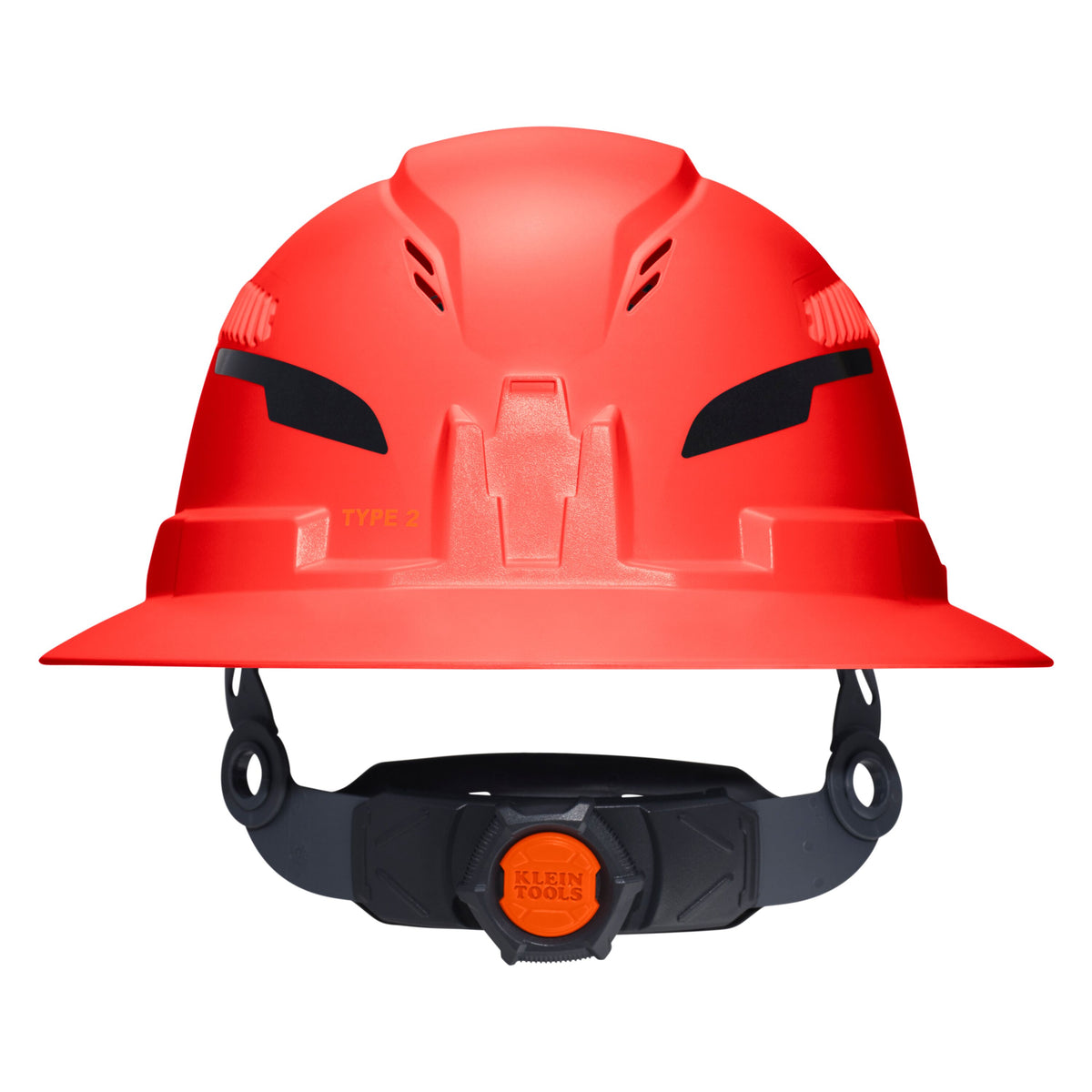 Klein Tools 60931T2 vented full brim hard hat, high visibility orange, side view