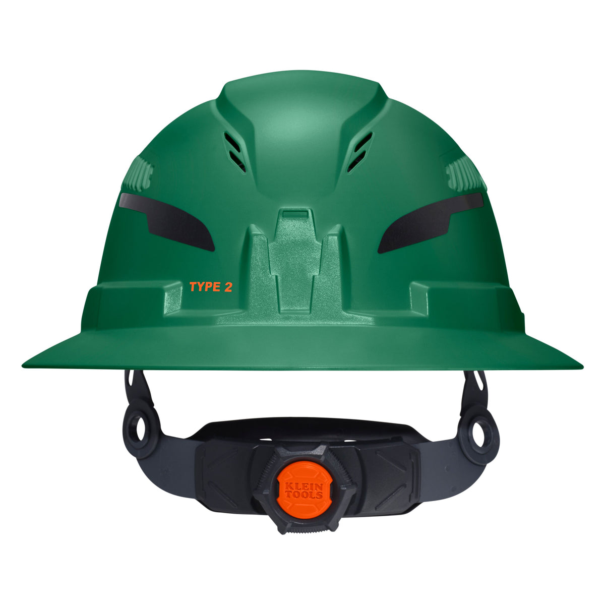 Klein Tools Class C Type-2 Hard Hat, Vented Full Brim with Strap, Green (60941T2) front angle view of the shell and brim