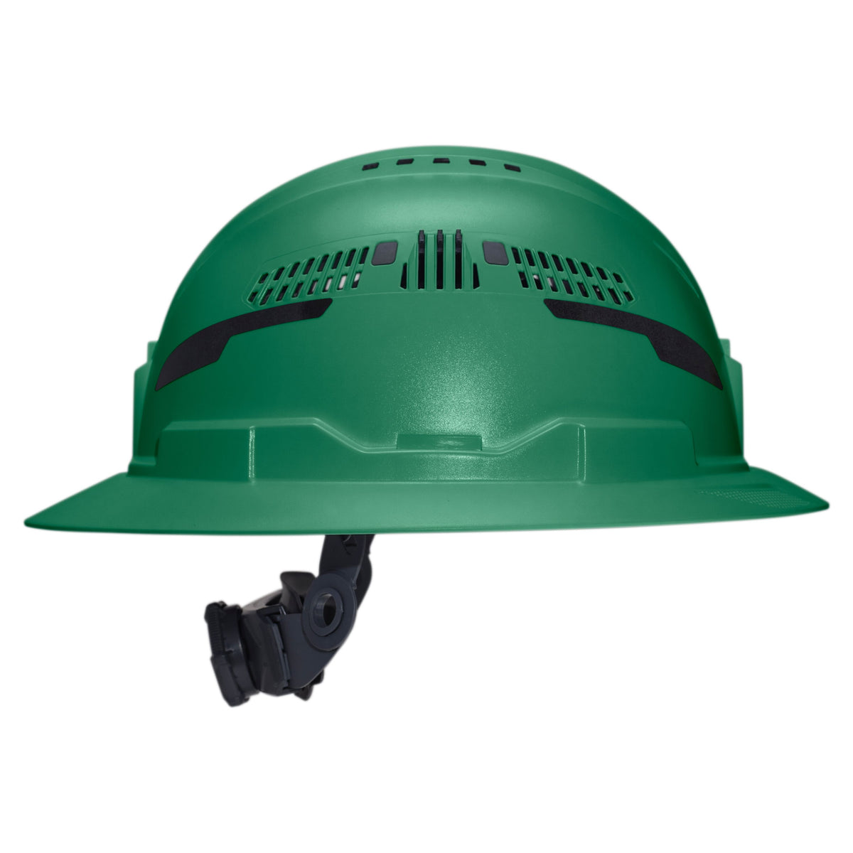Klein Tools Class C Type-2 Hard Hat, Vented Full Brim with Strap, Green (60941T2) side view showing accessory slots and suspension