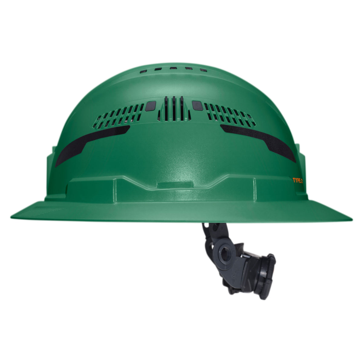 Klein Tools Class C Type-2 Hard Hat, Vented Full Brim with Strap, Green (60941T2) rear view with ratchet suspension adjustment