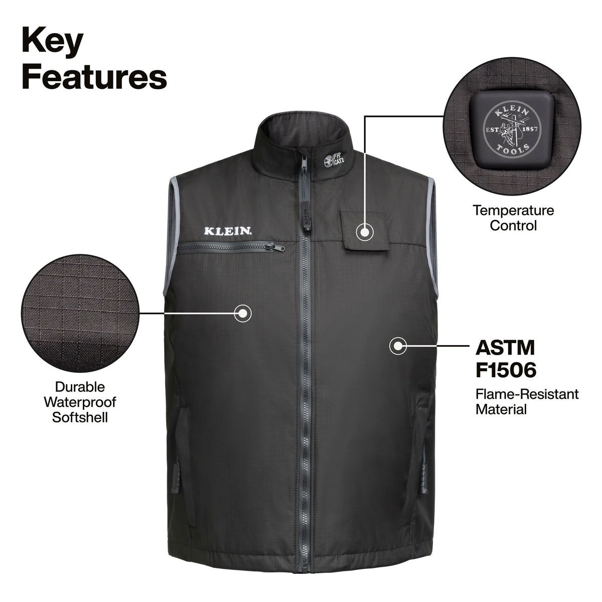Klein Tools 60954FR FR heated vest ASTM F1506 flame-resistant liner for utility and electrical work