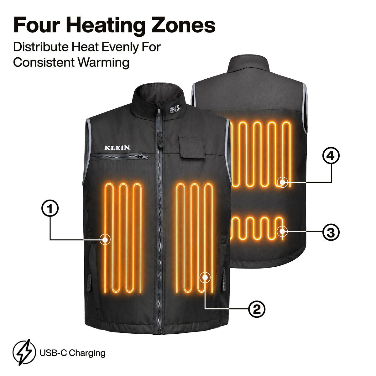 Klein Tools 60954FR heated vest four heating panels at chest and back for cold-weather utility work