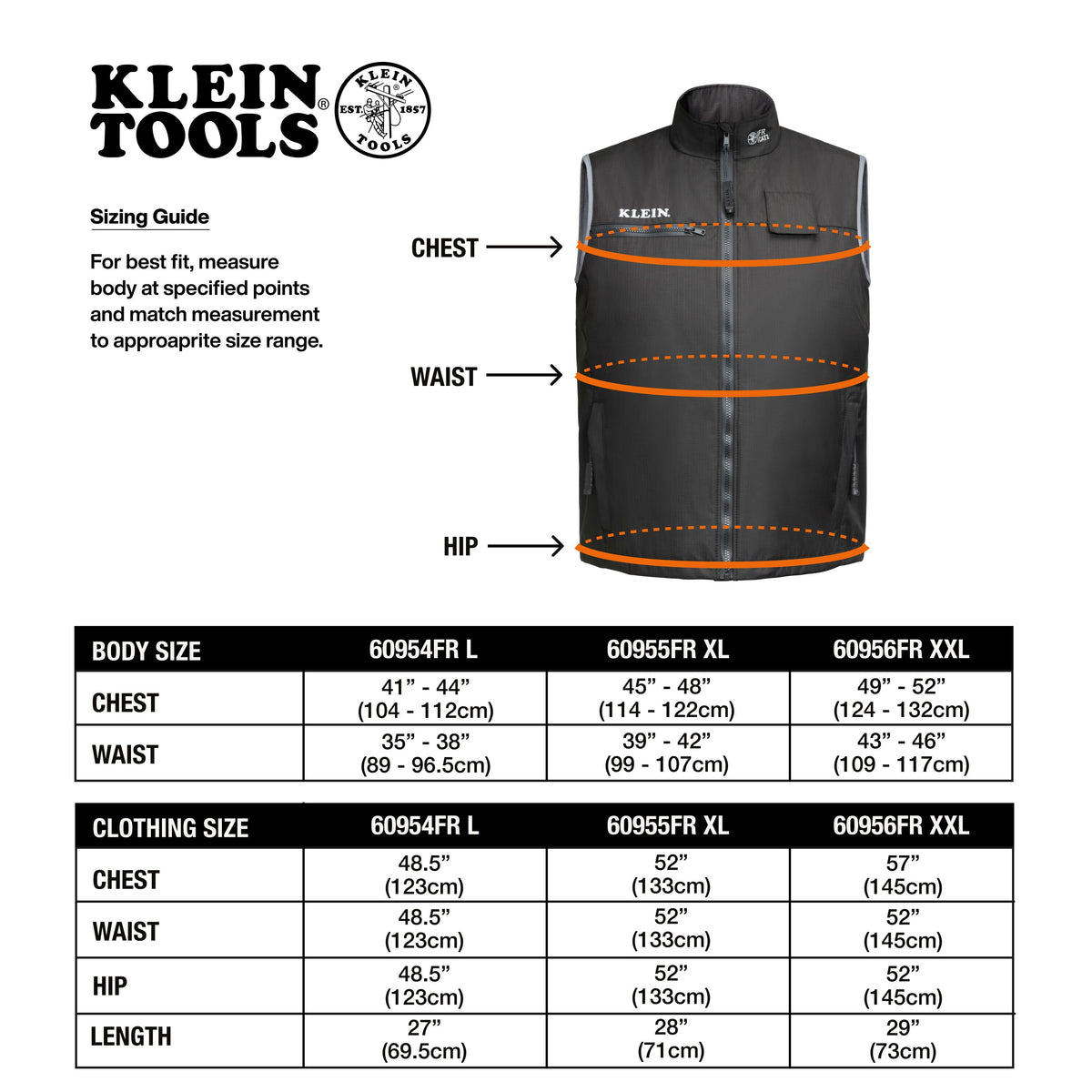 Klein Tools 60954FR flame-resistant heated vest storage pockets and adjustable waist cinch