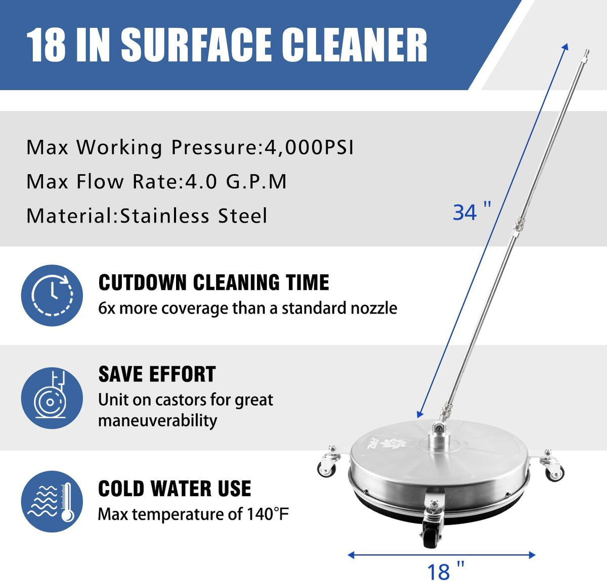 Janz 18-inch pressure washer surface cleaner with wheels with extension wands and specifications