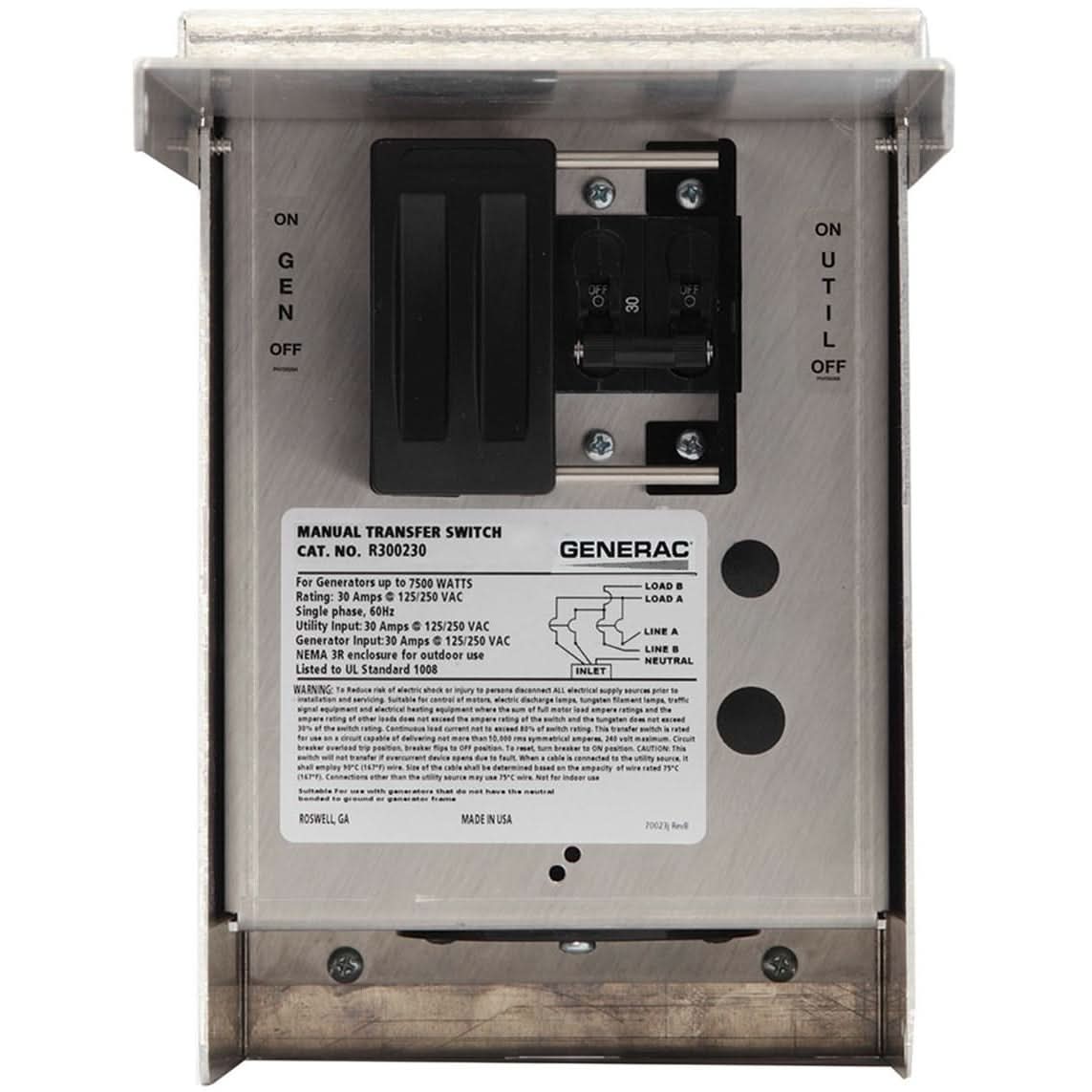 Generac 6377 30-Amp Single Circuit Manual Transfer Switch – Tool Nut