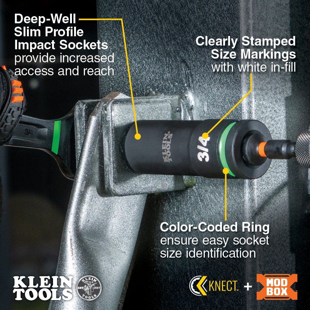 Klein 65111IMPCT  KNECT 1/2-in. Drive Deep Well Impact Socket Set, SAE, 14-Piece