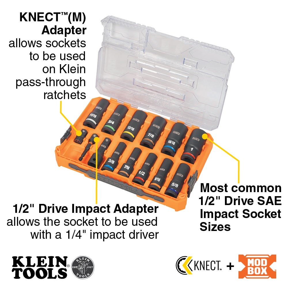 Klein 65111IMPCT  KNECT 1/2-in. Drive Deep Well Impact Socket Set, SAE, 14-Piece