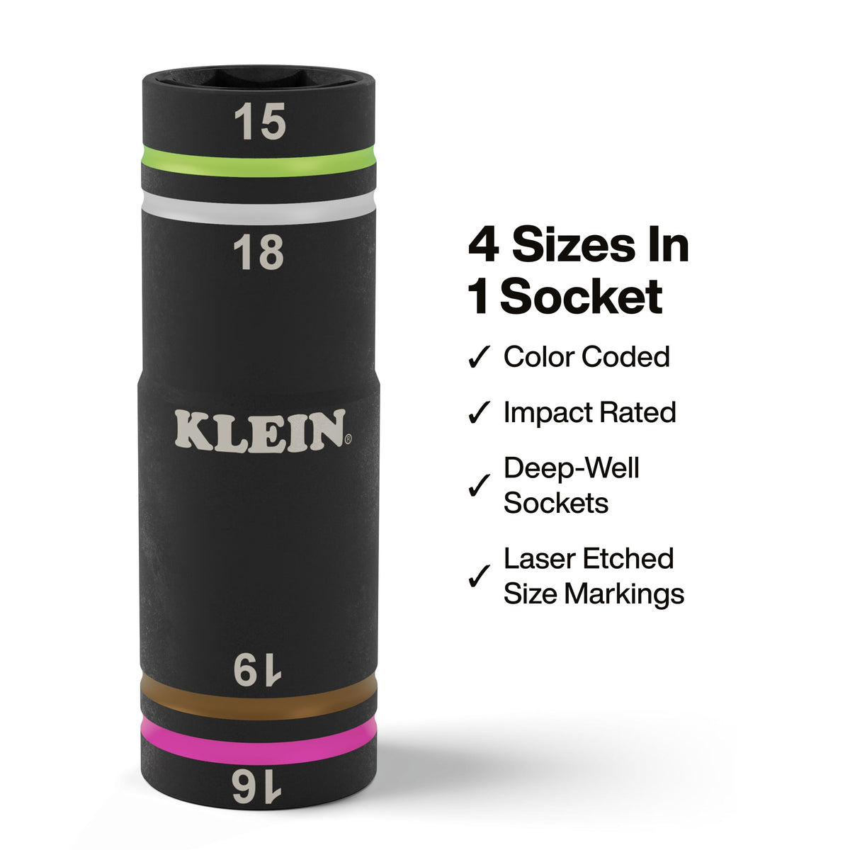Klein Tools 6513MQS Quad-4 flip socket four metric sizes 15 mm, 16 mm, 18 mm and 19 mm