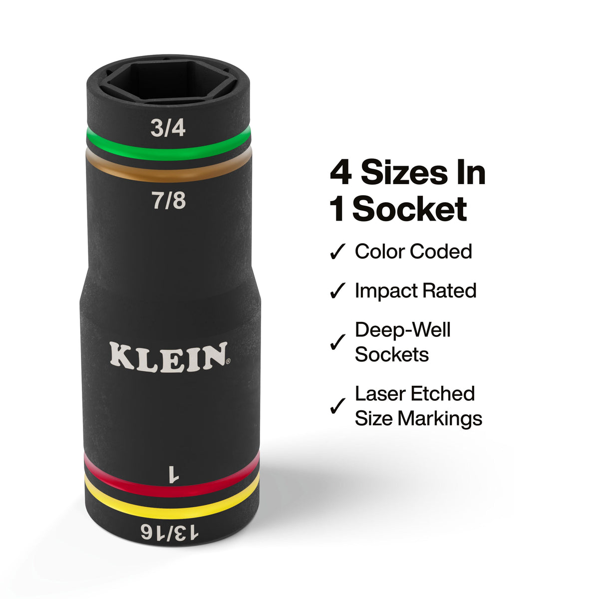 Klein Tools 6513QS Quad-4 flip socket SAE sizes 3/4-inch, 13/16-inch, 7/8-inch and 1-inch