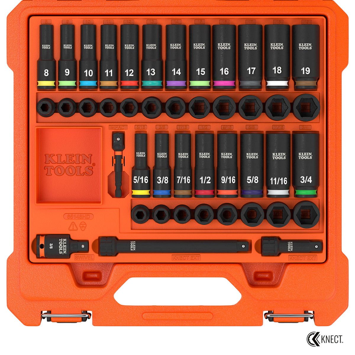 Klein Tools 65148HD KNECT 3/8-inch drive deep and shallow impact socket set, 44 pieces, in blow-molded case