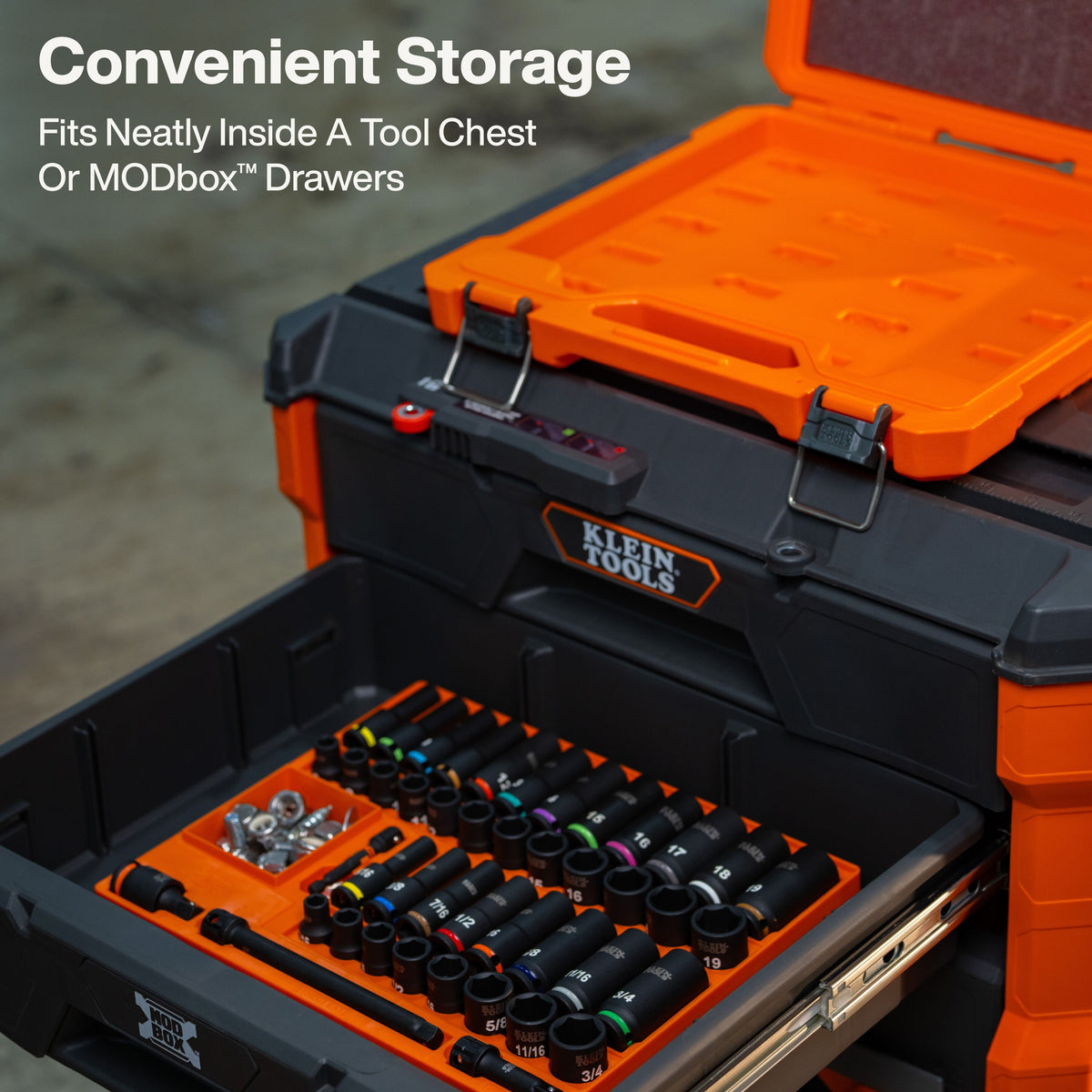 Klein Tools 65148HD socket case with removable tray and small parts compartment
