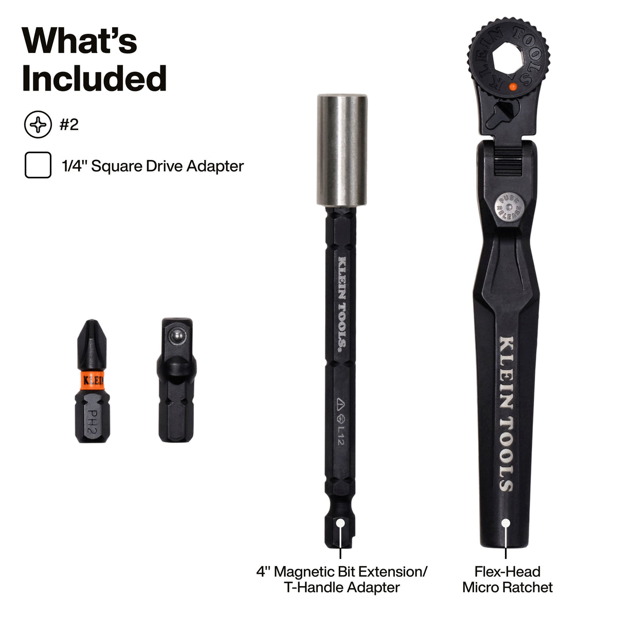 Klein Tools 65200F micro ratchet with Phillips #2 bit, square drive adapter and 4-inch bit holder extension