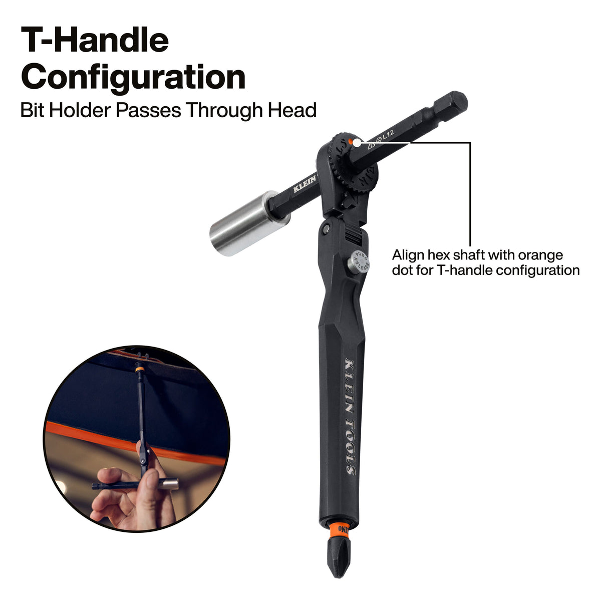 Klein Tools 65200F ultra-slim flex head reaching fasteners at awkward angles