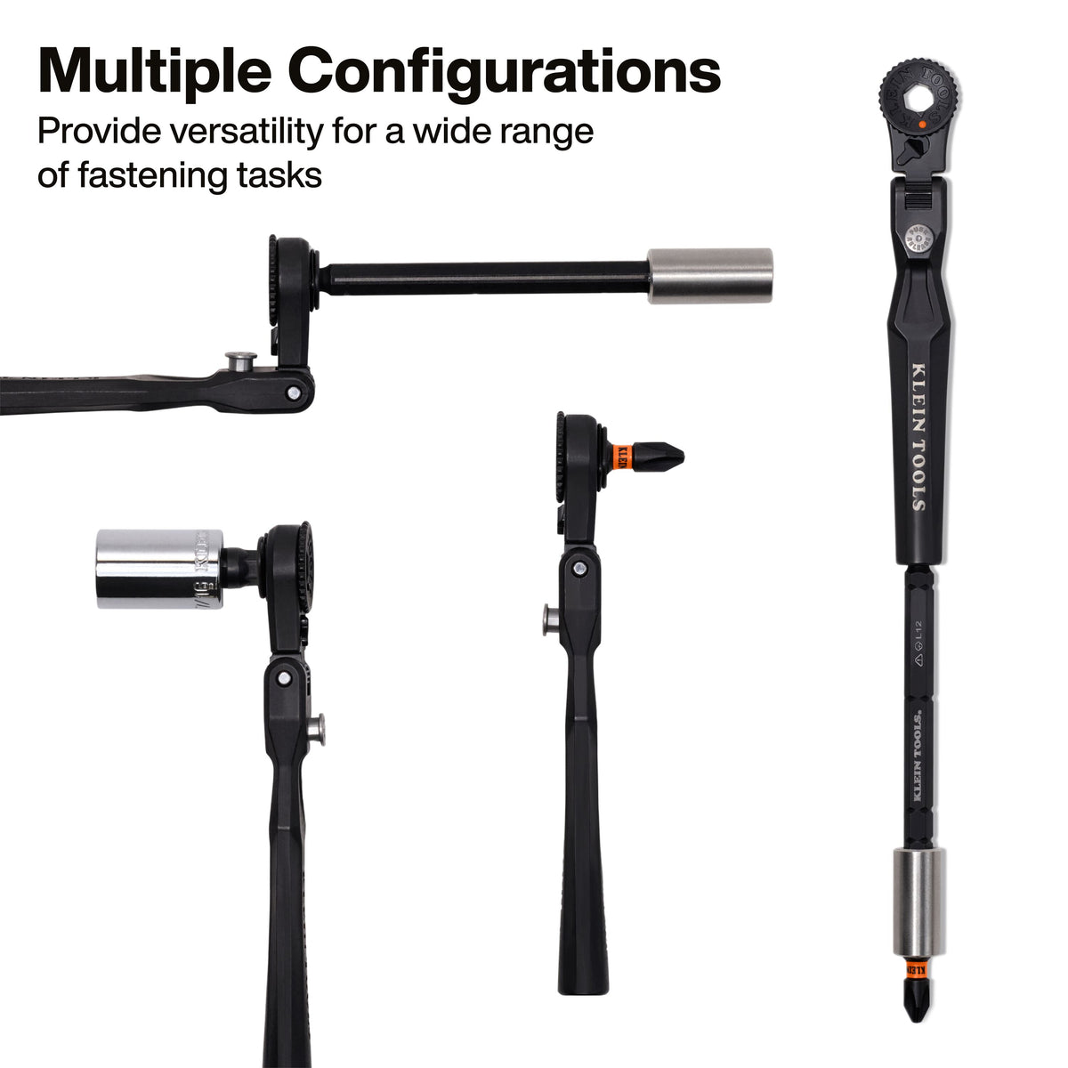 Klein Tools 65200F micro ratchet head pivoting up to 180 degrees and locking at any angle