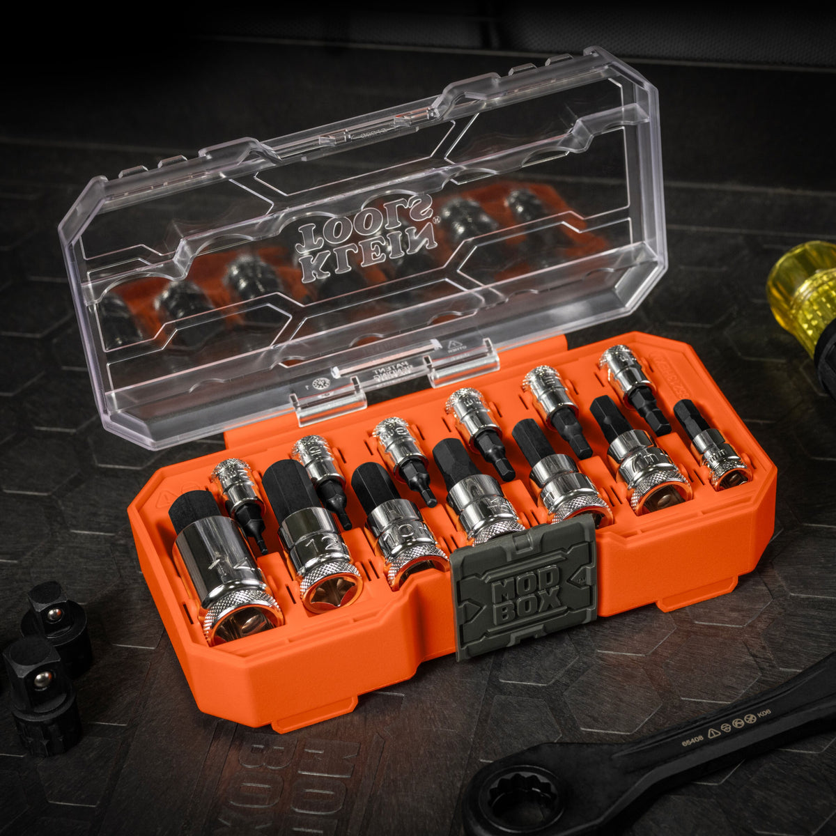 Klein Knurled Hex Bit Socket Set, Metric in use driving fasteners