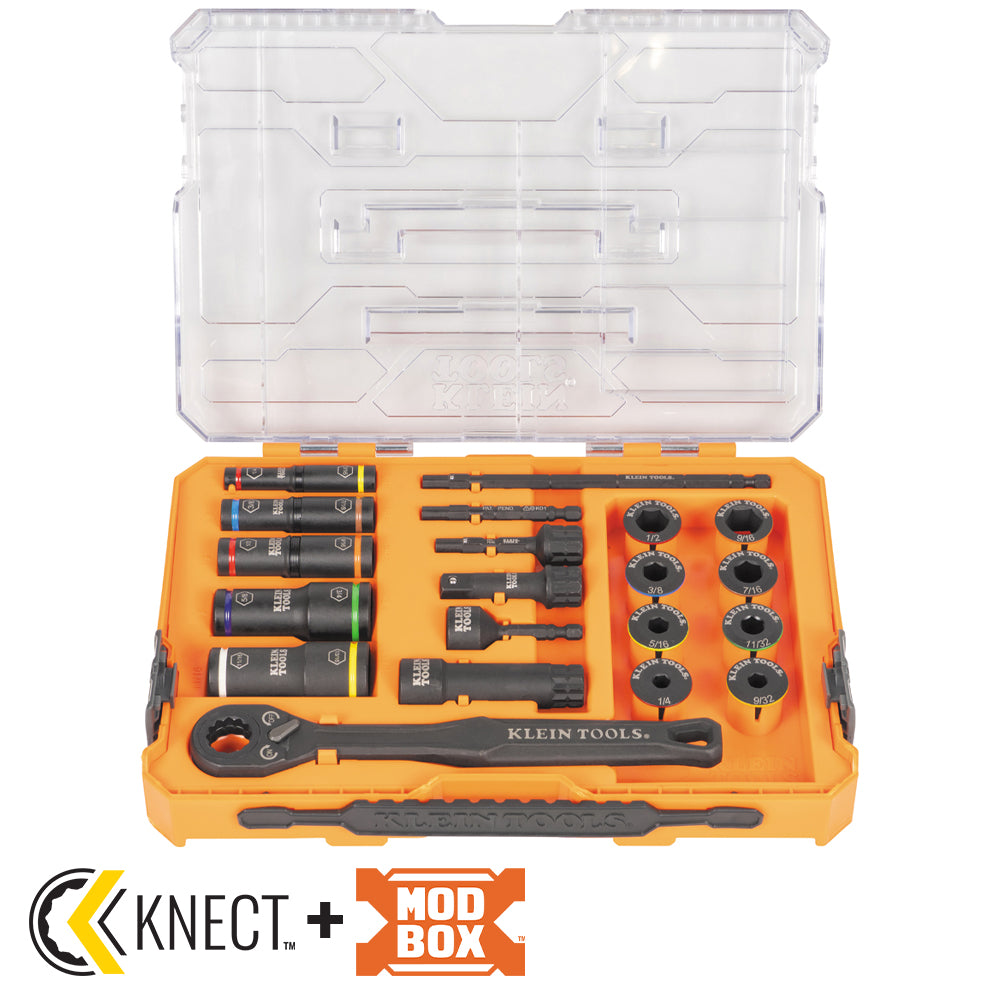 Klein KNECT Impact Pass-Through and Deep-Well Flip Socket Set, 20-Piece in case